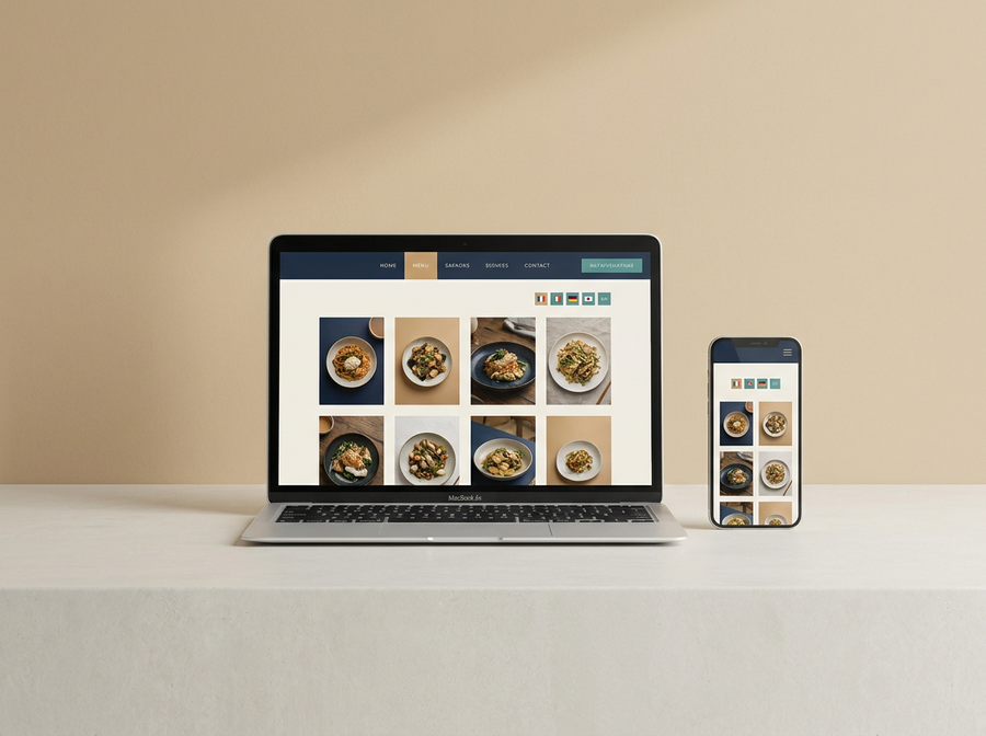 Prijenosno racunalo i mobitel prikazuju visejezicnu web stranicu za restoran